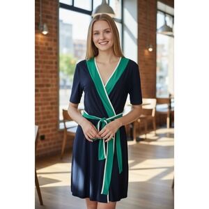 Tiana B Navy Blue Green Cream Trim Short Sleeve Wrap Dress Career Casual Small‎
